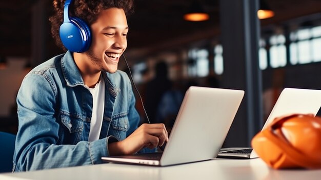 Foto van een jonge man, vrouw, meisje, vrouwelijke student die met een laptop werkt.