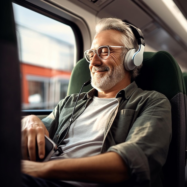 Foto van een jonge meisje, jongen, man, luister naar de muziek via een koptelefoon