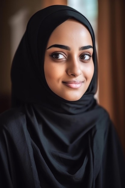 Foto van een jonge moslimvrouw die thuis een hijab draagt, gemaakt met generatieve AI