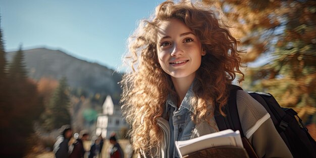 foto van een jonge positieve vrouwelijke student die boeken en een rugzak door school draagt