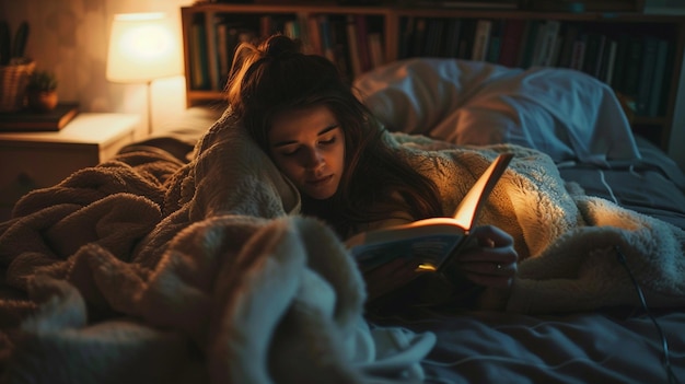 Foto van een jonge vrouw die bij een bedlampje leest