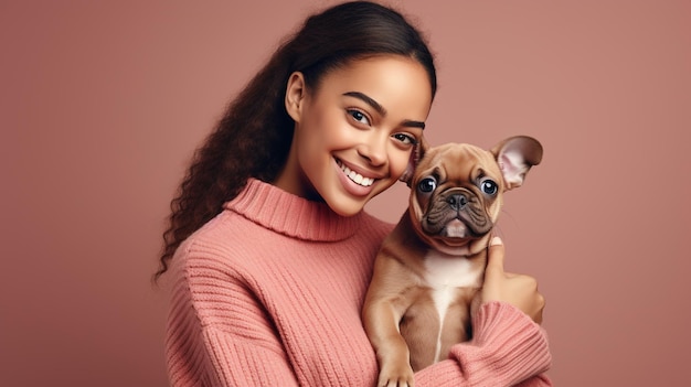 Foto van een jonge vrouw die een lieve hond vasthoudt die met een hond speelt in een studio gegenereerd door AI