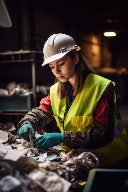 Foto van een jonge vrouw die recycleerbare materialen sorteert in een recyclingfabriek