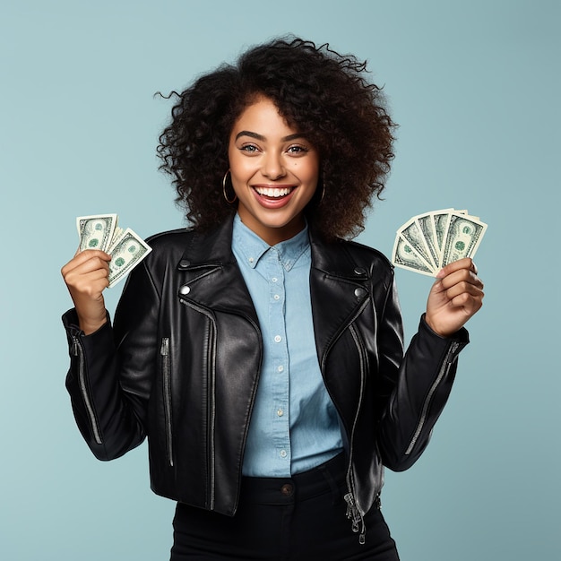 Foto van een jonge vrouw met geld in de hand.