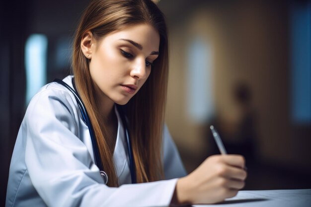 Foto van een jonge vrouwelijke dokter die in haar notitieboek schrijft.