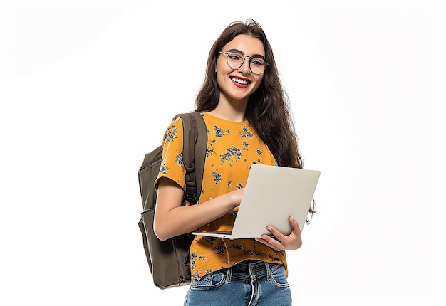 Foto van een jonge vrouwelijke student met een schattige glimlach en een laptop op haar hand