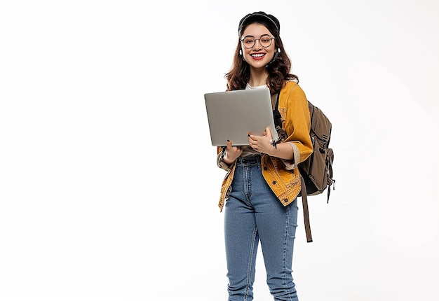 Foto van een jonge vrouwelijke student met een schattige glimlach en een laptop op haar hand