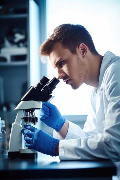 Foto van een jonge wetenschapper die een microscoop gebruikt in een laboratorium