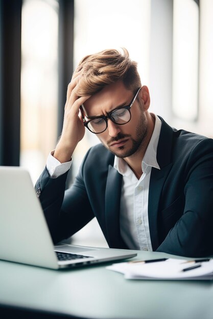 Foto van een jonge zakenman die gestrest lijkt terwijl hij op een laptop werkt in een kantoor