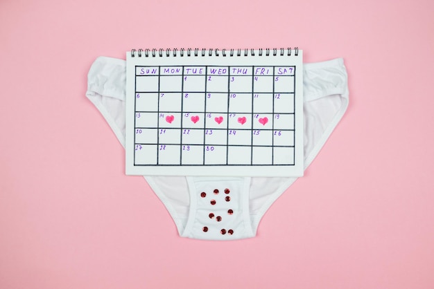 Foto van een kalender en damesslipjes op een geïsoleerde pastelroze achtergrond Het concept van creatieve menstruatiedagen voor vrouwen