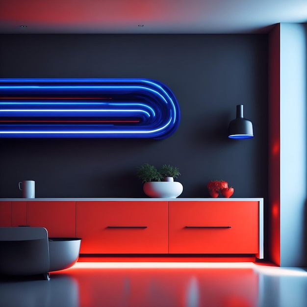 Foto van een kamer met een levendige rode kast en een koel blauw neonbord