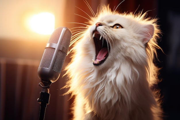 Foto van een kat die in de microfoon zingt