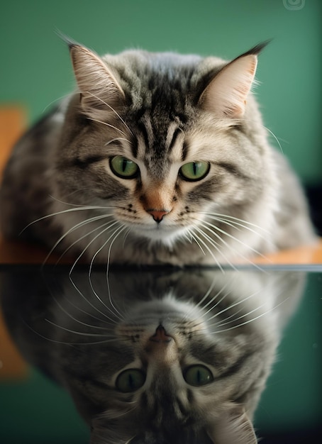 foto van een kat die op een glas zit met zijn reflectie