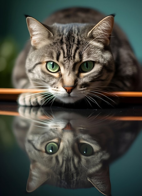 foto van een kat die op een glas zit met zijn reflectie