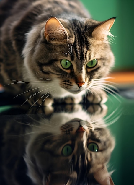 foto van een kat die op een glas zit met zijn reflectie