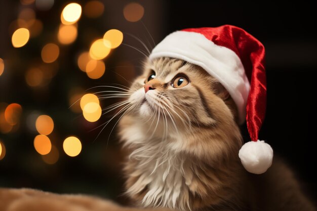 Foto foto van een kat met de hoed van de kerstman en de kerstboom hoogwaardige foto