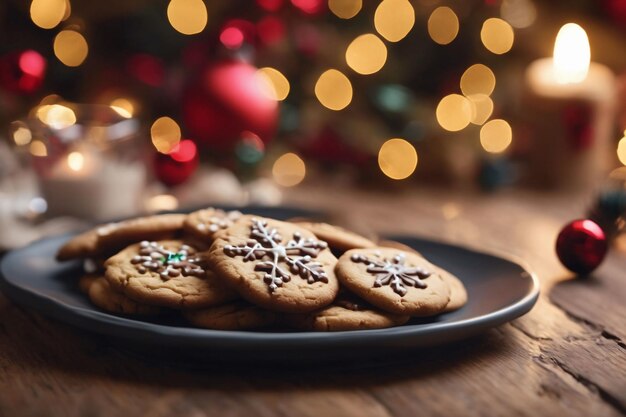 Foto van een kerstkoekje op een bord met een kerst achtergrond