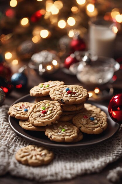 Foto van een kerstkoekje op een bord met een kerst achtergrond