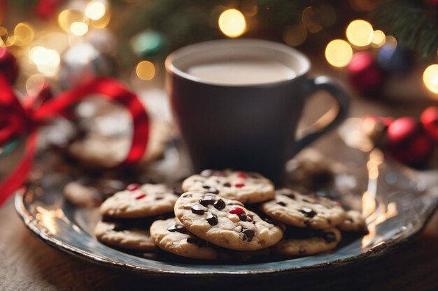 Foto van een kerstkoekje op een bord met een kop koffie op de achtergrond