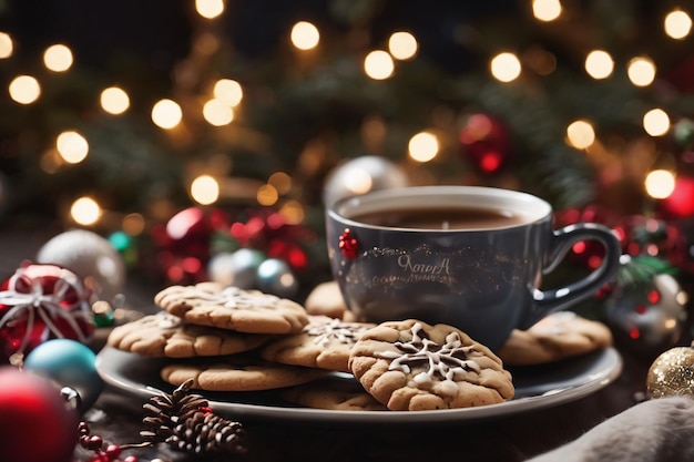 Foto van een kerstkoekje op een bord met een kop koffie op de achtergrond
