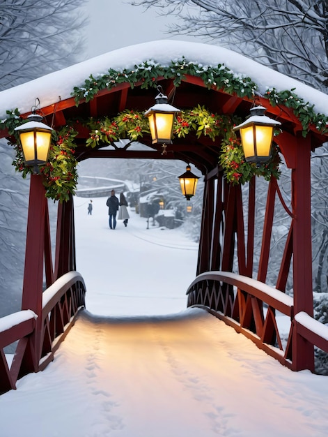 Foto van een kerstsneeuw bedekte brug met hangende maretak en lantaarns
