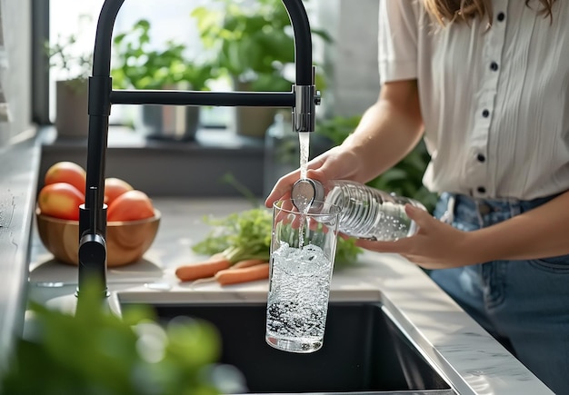 Foto van een keukenkraan die water uitgiet en water in glas en zuiver drinkwater vult
