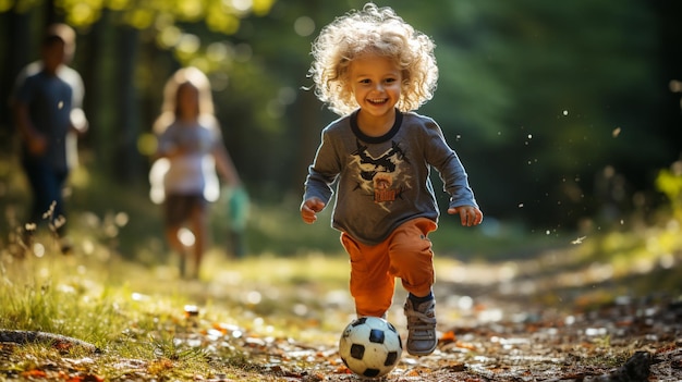 Foto van een kind dat buiten met een bal speelt gegenereerd door AI