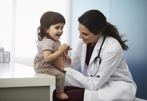 Foto van een kinderarts die de hartslag van de baby controleert