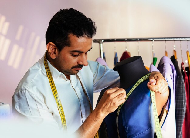 foto van een kleermaker die kleren naait