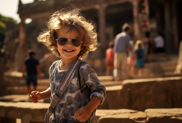 foto van een klein kind dat met een bril op een toeristische plek loopt
