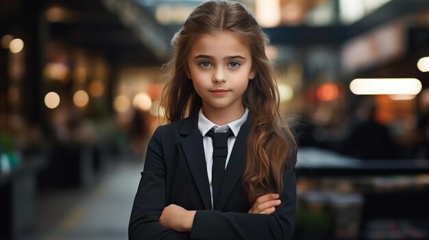 Foto foto van een klein meisje met haar handen gekruist en gekleed in een zakelijk pak generatieve ai