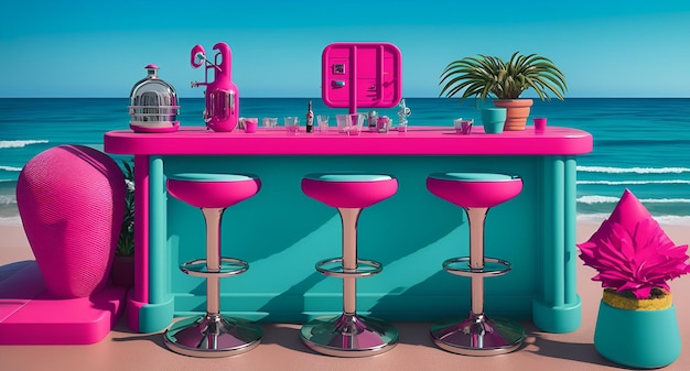 Foto van een kleurrijke bar op het strand met roze en blauwe inrichting