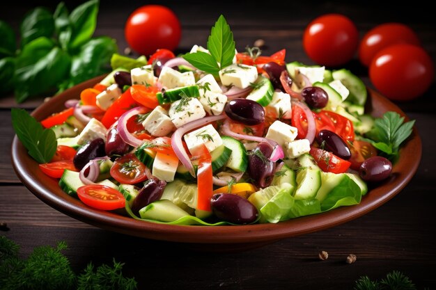 Foto van een kleurrijke en smakelijke mediterrane salade met feta kaas en olijven Generatieve AI