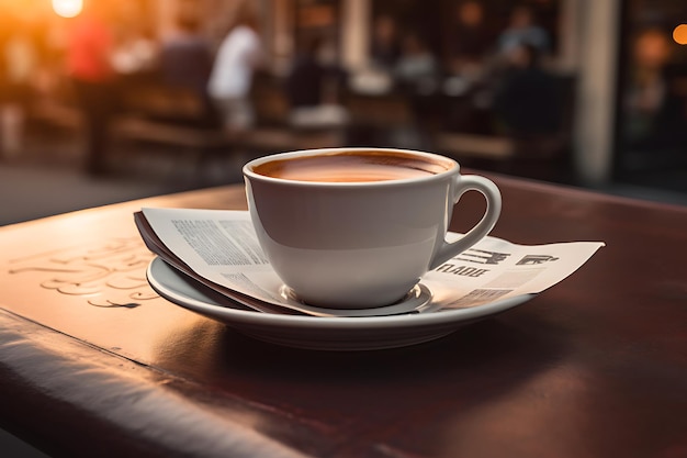 Foto van een koffiekop met een krant op een cafetaria tafel