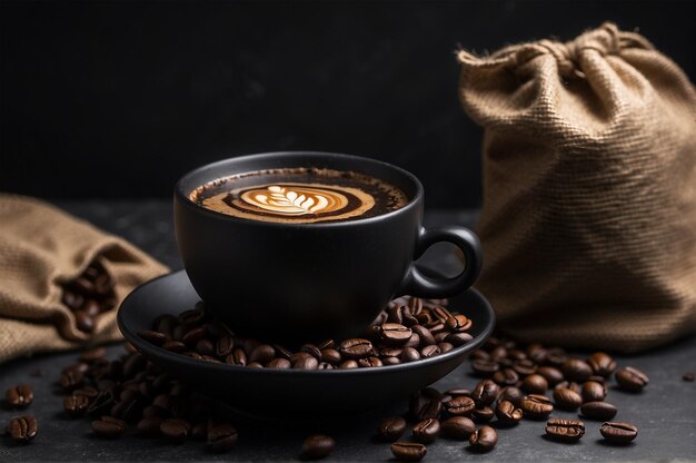 foto van een kop koffie en een zak koffiebonen op de tafel 10