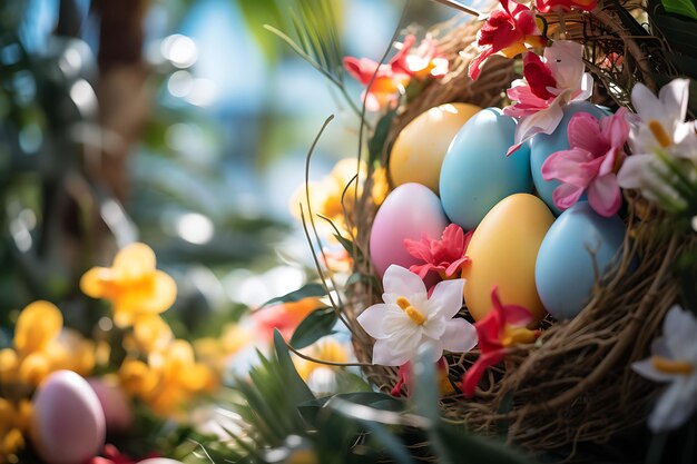 Foto van een lentekrans versierd met kleurrijke eieren en verse bloemen D Paaspalm Goede Vrijdag Art