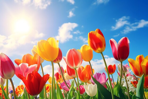 Foto van een levendig tulpenveld op de achtergrond van de lente