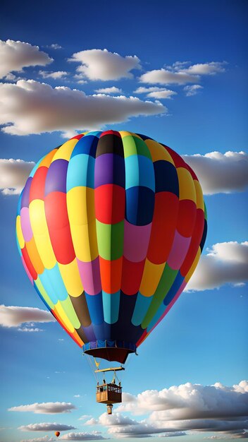 Foto foto van een levendige luchtballon die door een heldere blauwe lucht vliegt