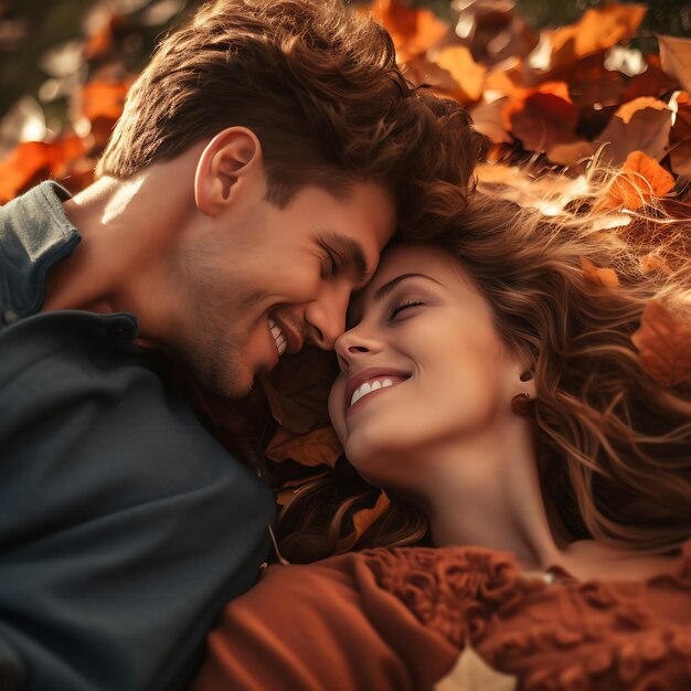 foto van een liefdevol jong koppel liggend op herfstbladeren fotorealistisch filmisch kleurrijk