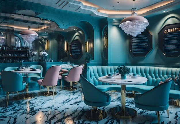 Foto van een luxe restaurant met een prachtig blauw en marmeren interieur