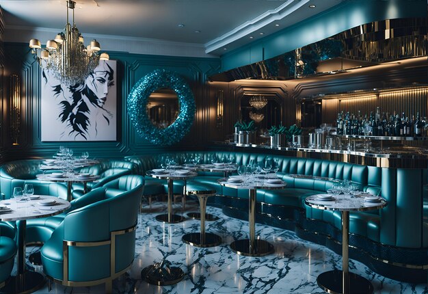 Foto van een luxe restaurant met een prachtige marmeren vloer en elegante blauwe muren