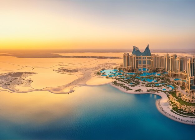 Foto van een luxe vakantieoord omringd door kristalhelder water