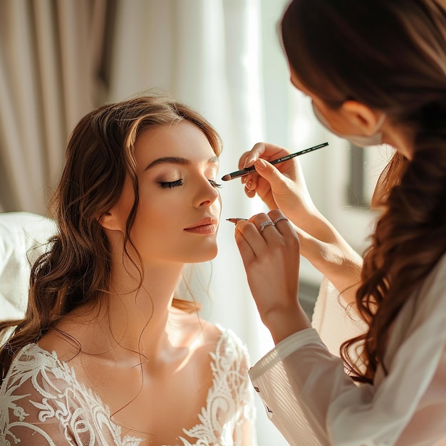 Foto van een make-up artist die een bruidsvrouw elegante make-up doet