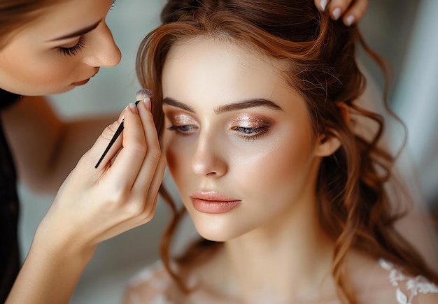 Foto van een make-up artist die een bruidsvrouw elegante make-up doet