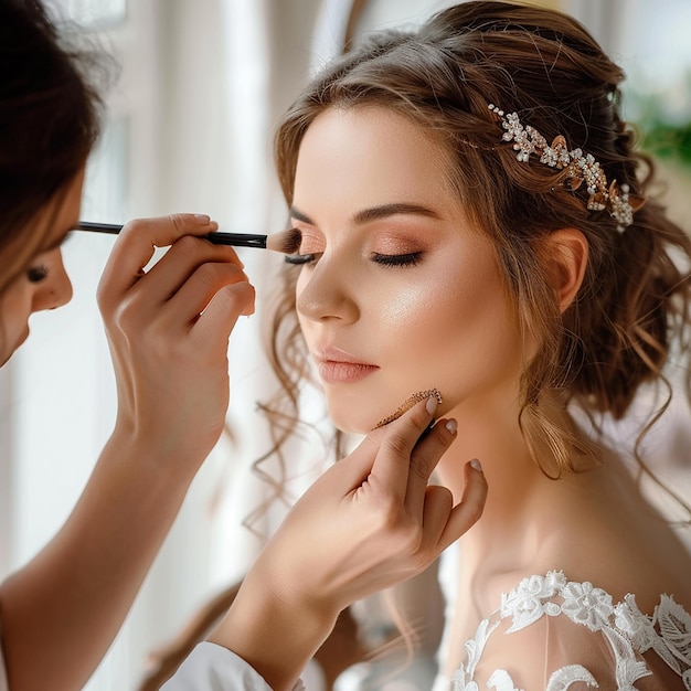 Foto van een make-up artist die een bruidsvrouw elegante make-up doet