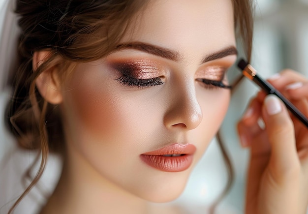 Foto van een make-up artist die een bruidsvrouw elegante make-up doet