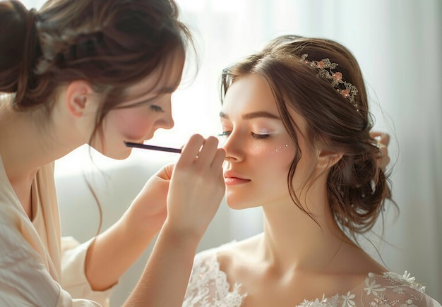 Foto van een make-up artist die een bruidsvrouw elegante make-up doet