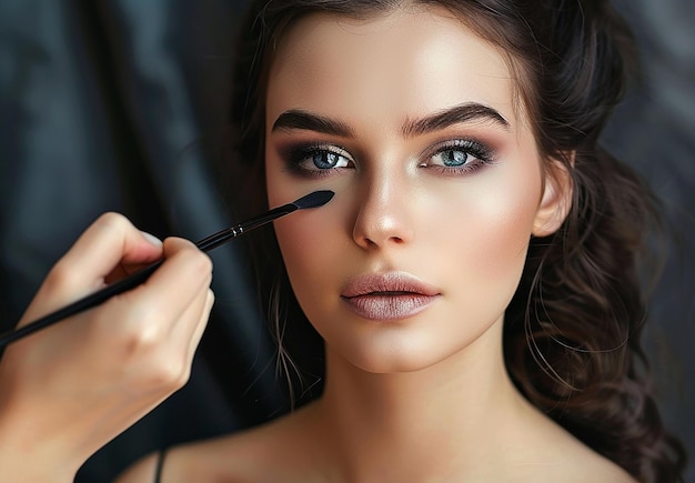 Foto van een make-up artist die een bruidsvrouw elegante make-up doet