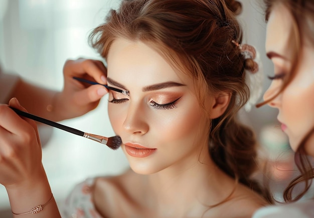 Foto van een make-up artist die een bruidsvrouw elegante make-up doet