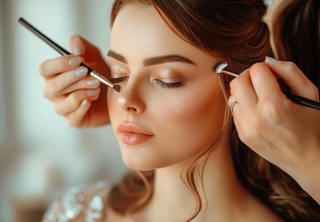 Foto van een make-up artist die een bruidsvrouw elegante make-up doet